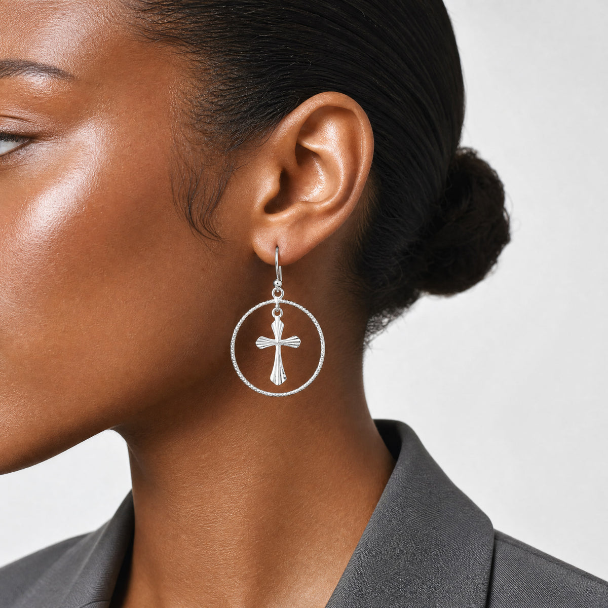 Sterling Silver Polished & Diamond-cut Cross Circle Dangle Earrings - Model Shot