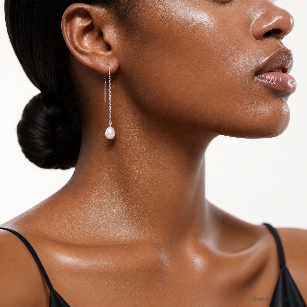 Sterling Silver Rhodium-plated 7-8mm FWC Pearl Threader Earrings - Model Shot