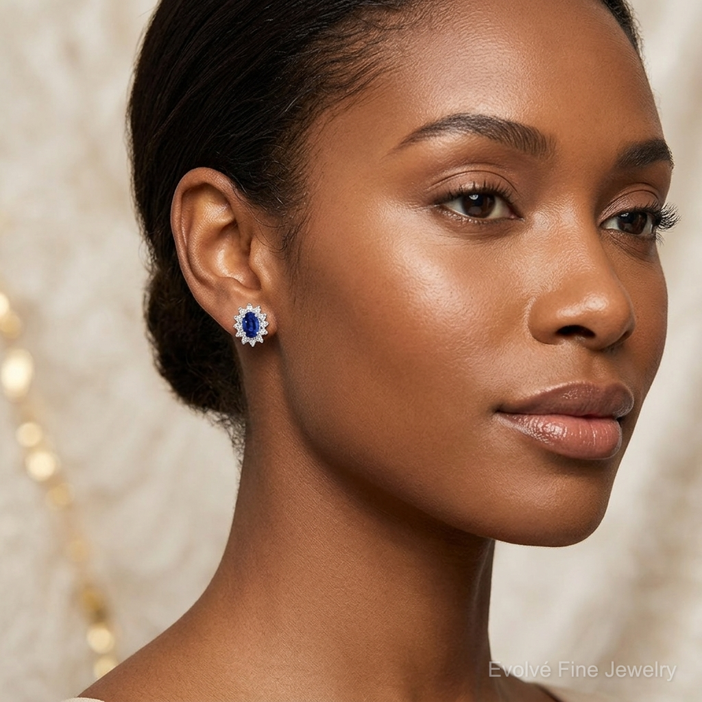 Sterling Silver Rhodium-plated CZ/Lab Cr. Blue Sapphire Earrings - Model Shot