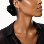 Sterling Silver Rhodium-plated Created Opal Inlay Round Hoop Earrings - Model Shot