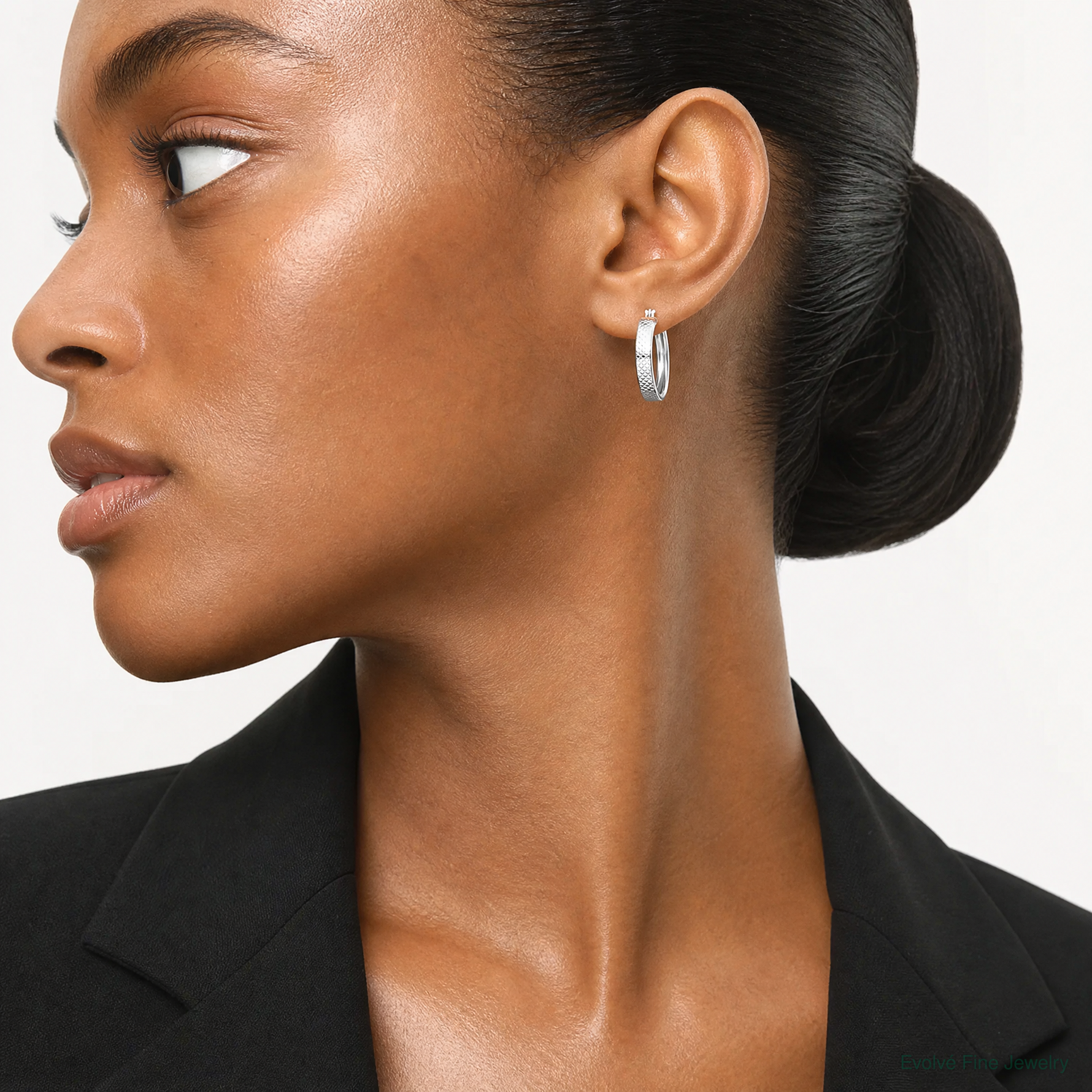 Sterling Silver Rhodium-plated Textured 5x20mm Hoop Earrings - Model Shot
