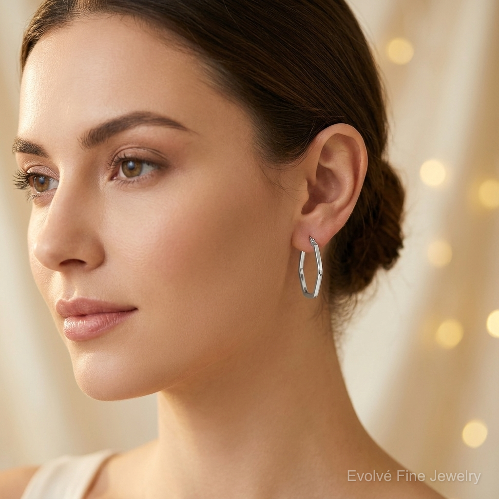 Sterling Silver Polished Square Tube Hexagon Hoop Earrings - Model Shot