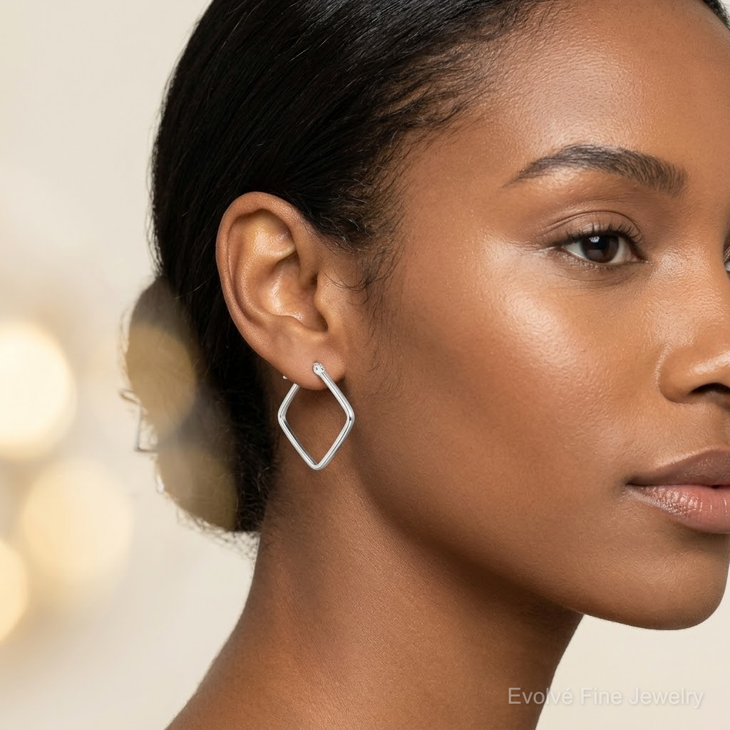 Sterling Silver Polished Square Hoop Earrings - Model Shot