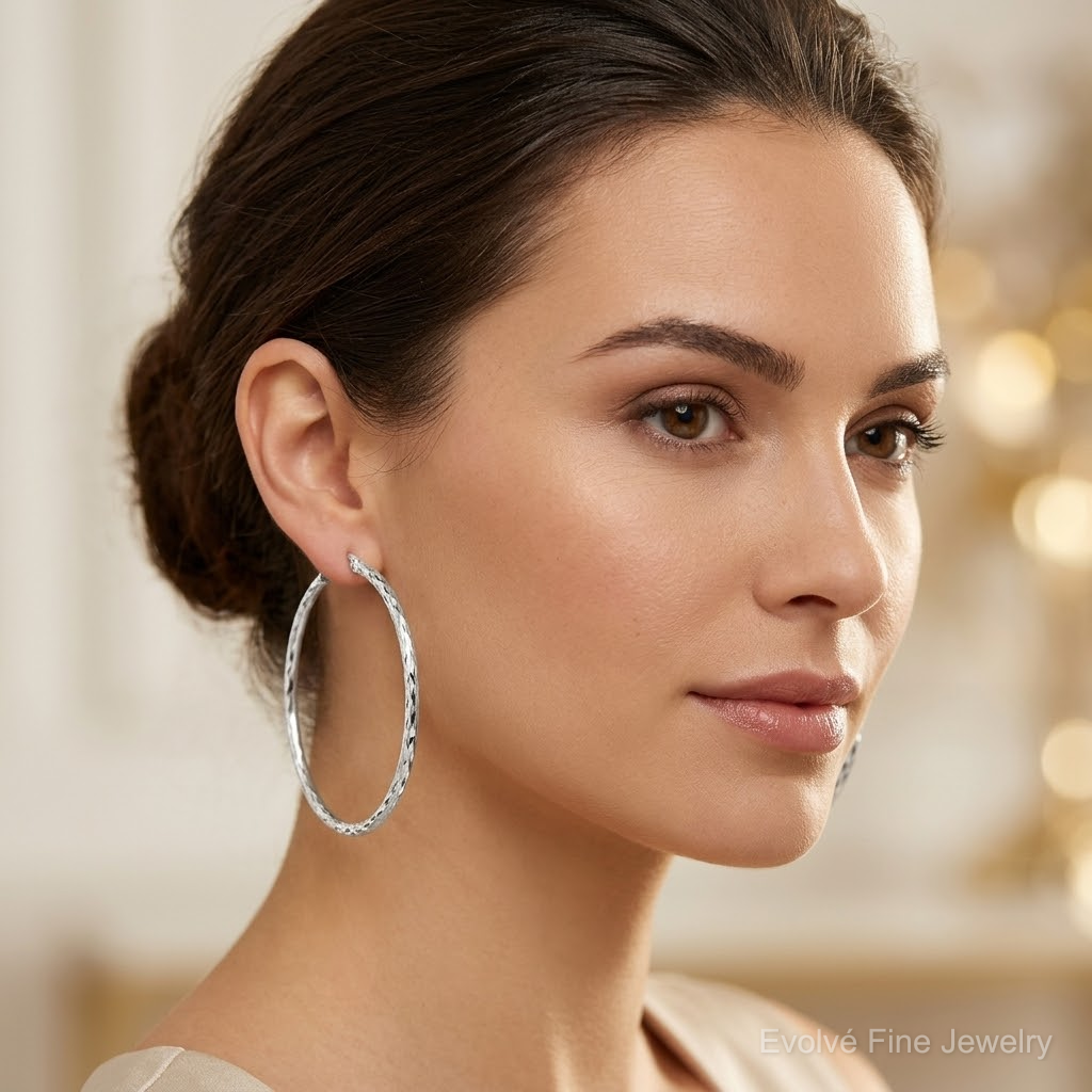 Sterling Silver Polished & Diamond-cut 2.5mm Round Hoop Earrings - Model Shot
