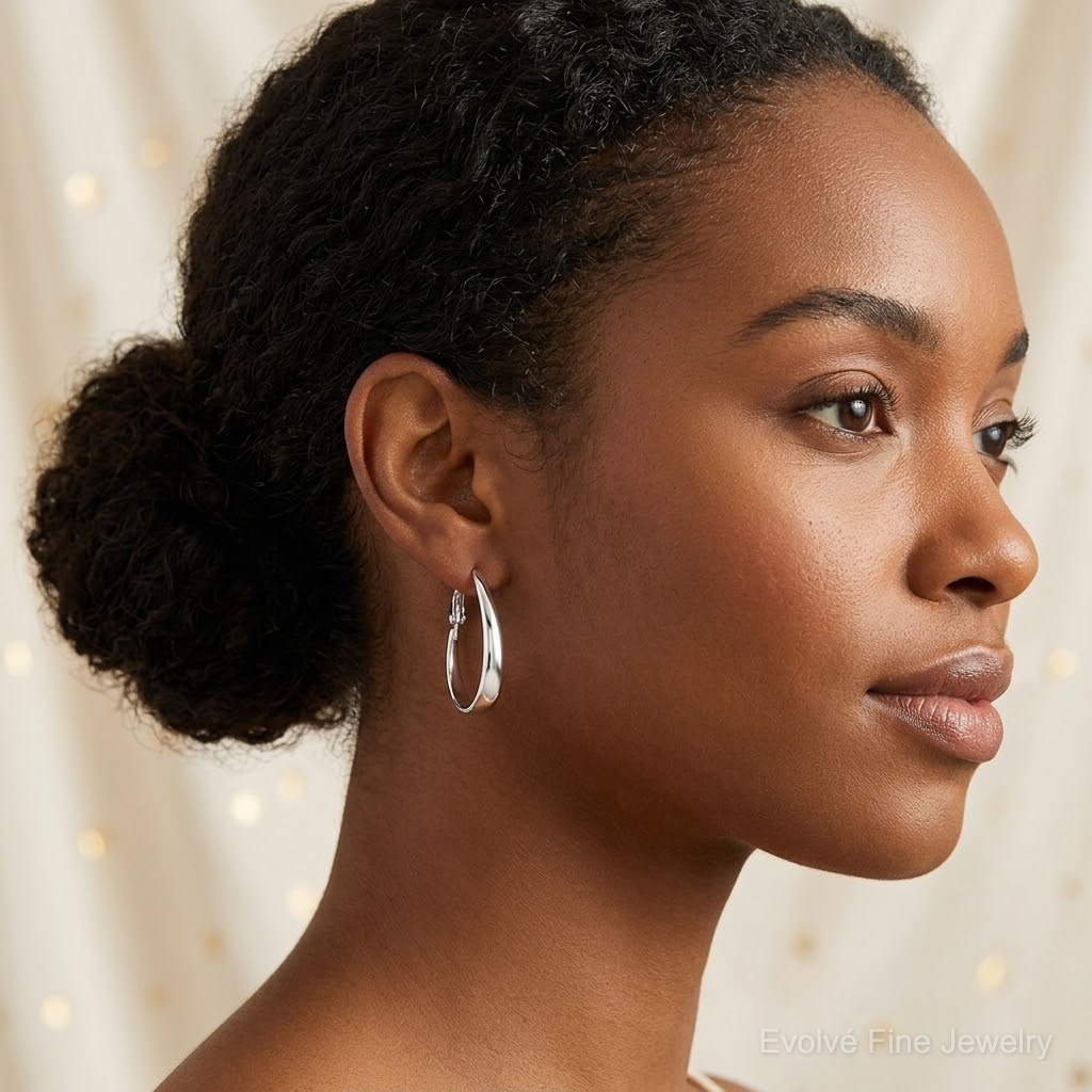 Sterling Silver Polished Omega Back Hoop Earrings - Model Shot