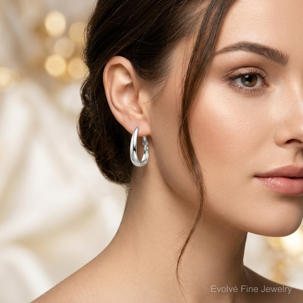 Sterling Silver Polished Omega Back Hoop Earrings - Model Shot