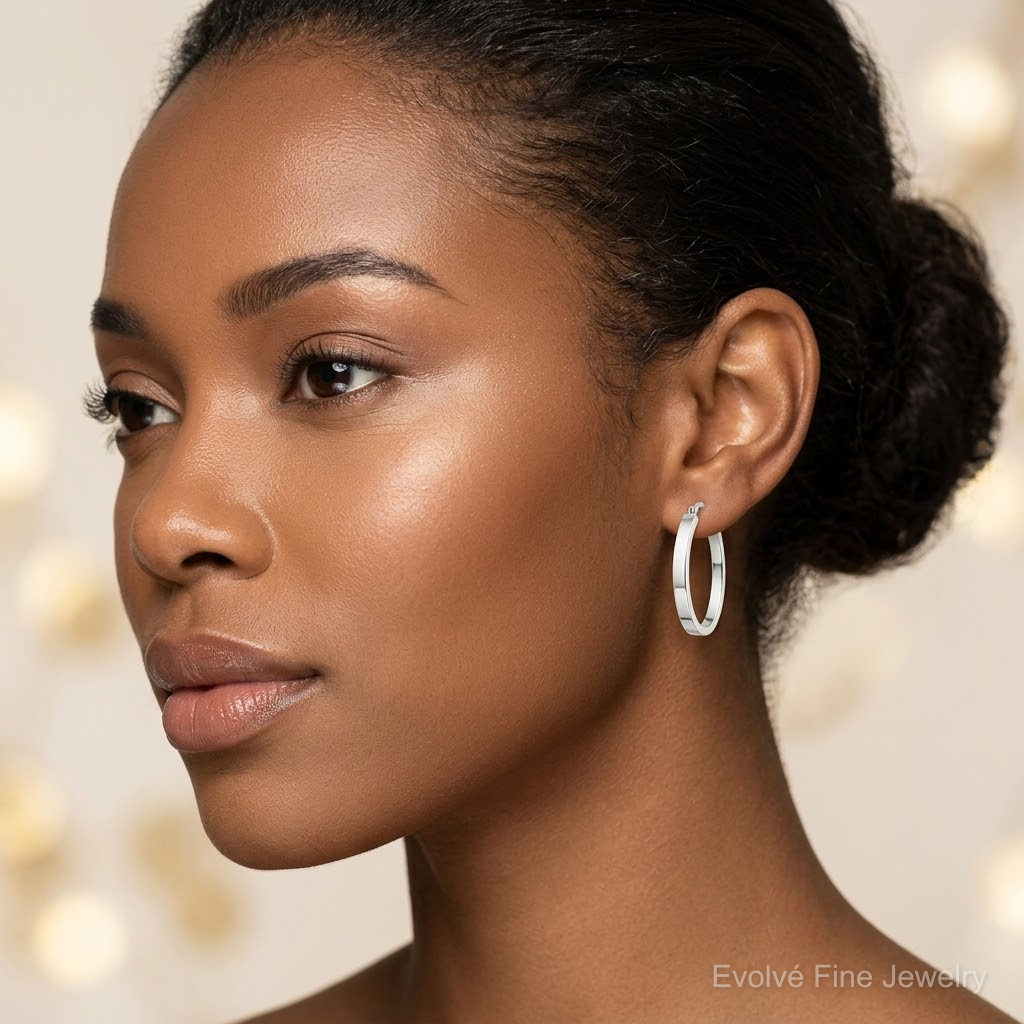 Sterling Silver Polished 4mm Oval Hoop Earrings - Model Shot
