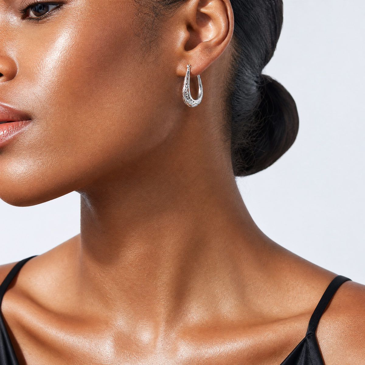 Sterling Silver Polished Swirl Filigree Hoop Earrings - Model Shot