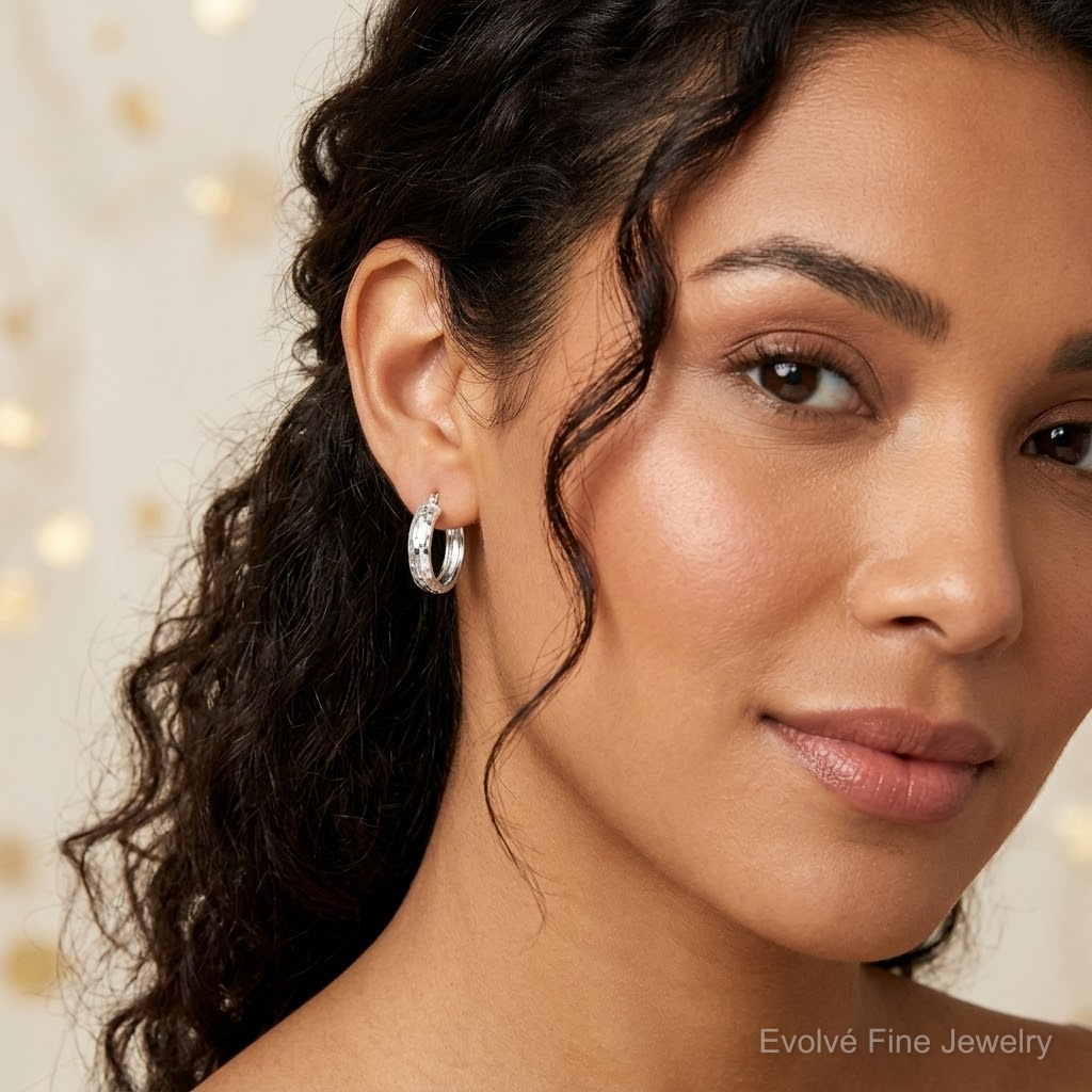 Sterling Silver Polished & Textured 5mm Round Hoop Earrings - Model Shot
