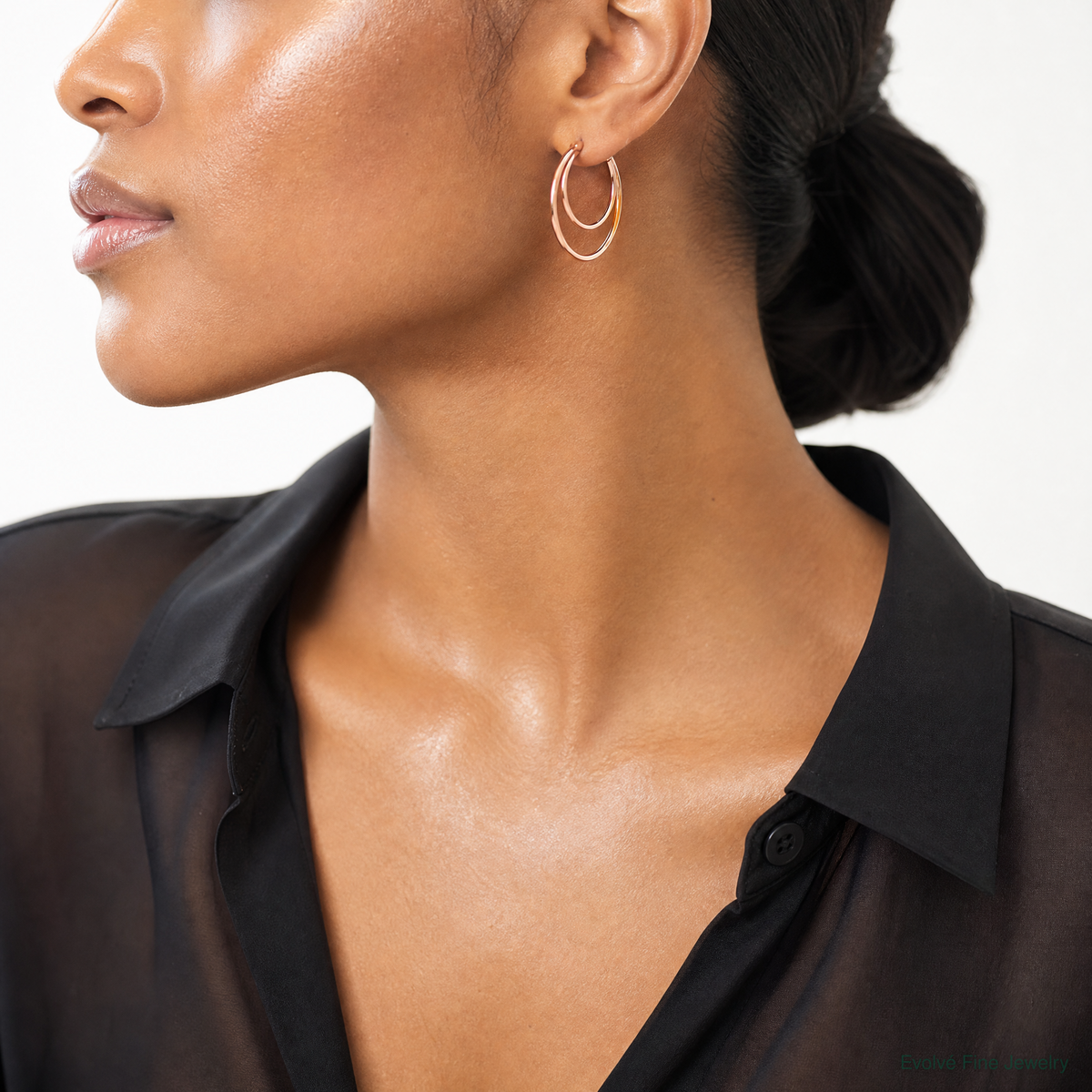 Sterling Silver RH plated Rose Gold-plated 28x3.5 Hoop Post Earrings - Model Shot