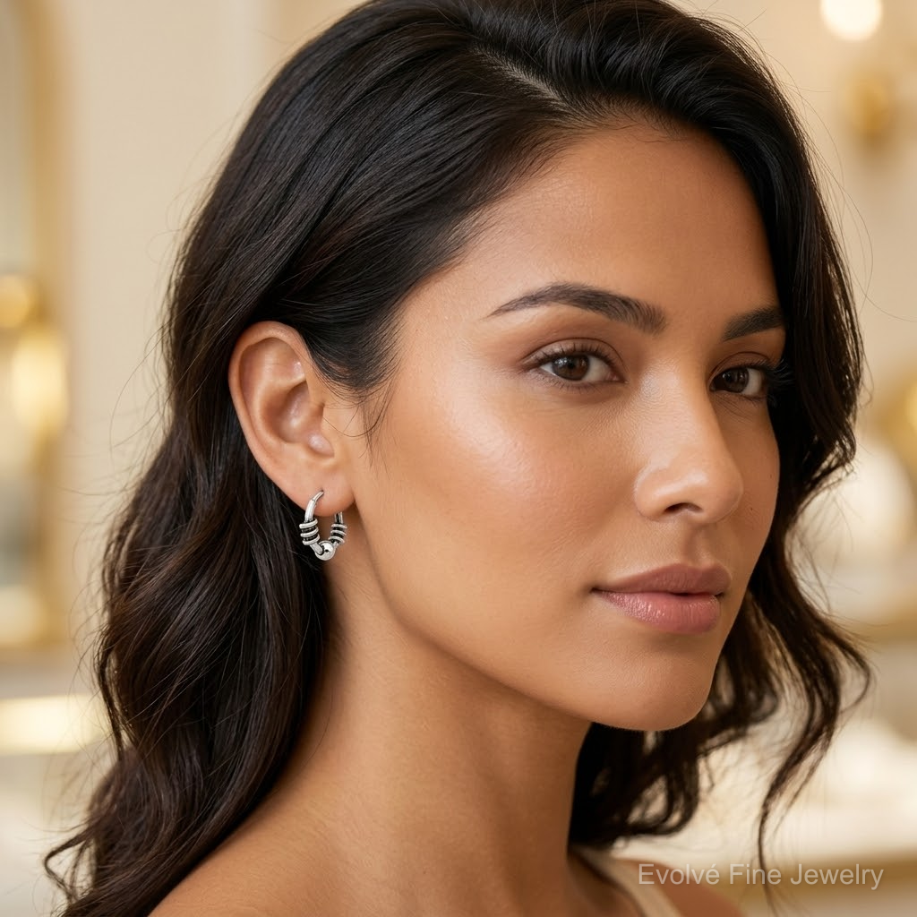 Sterling Silver Antiqued Beaded Endless Hoop Earrings - Model Shot