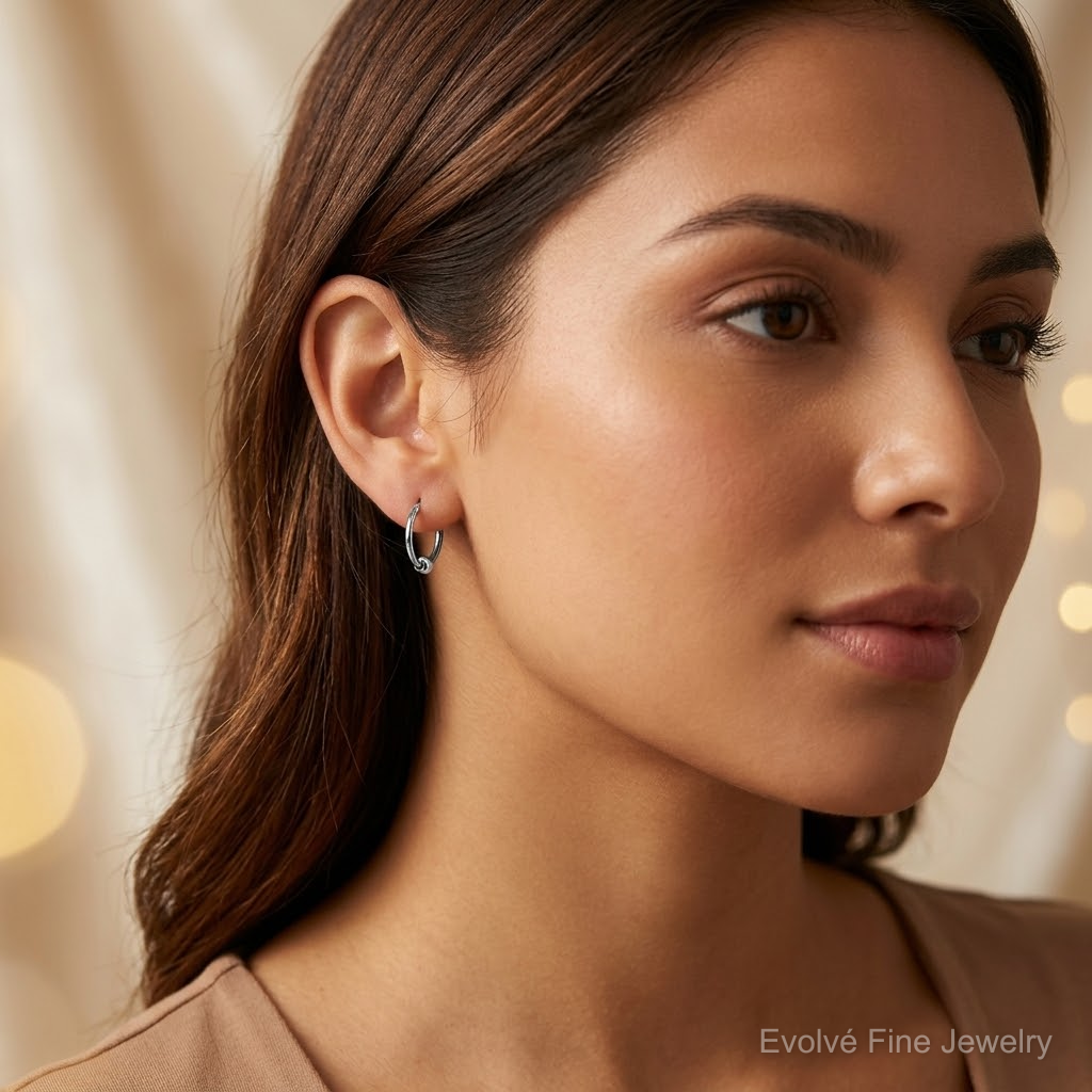 Sterling Silver Antiqued Beaded Endless Hoop Earrings - Model Shot