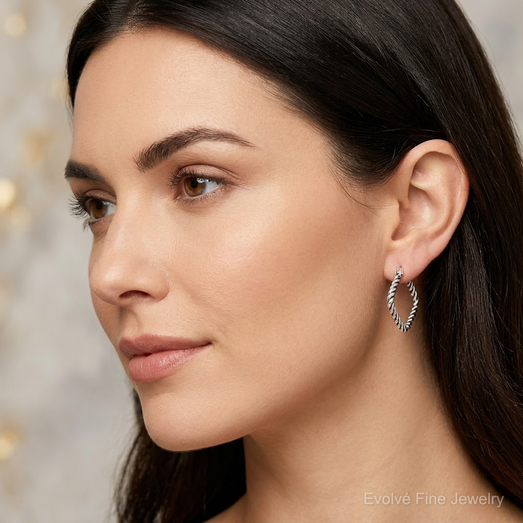 Sterling Silver Antiqued Textured Square Hoop Earrings - Model Shot
