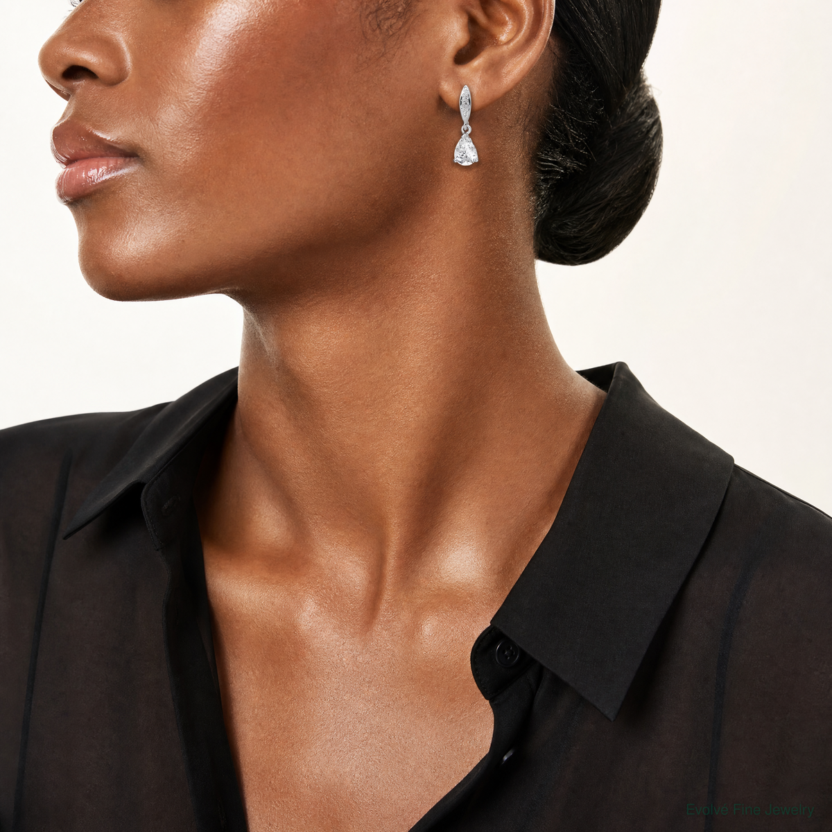 Sterling Silver Rhodium-plated Polished Pear CZ Post Dangle Earrings - Model Shot
