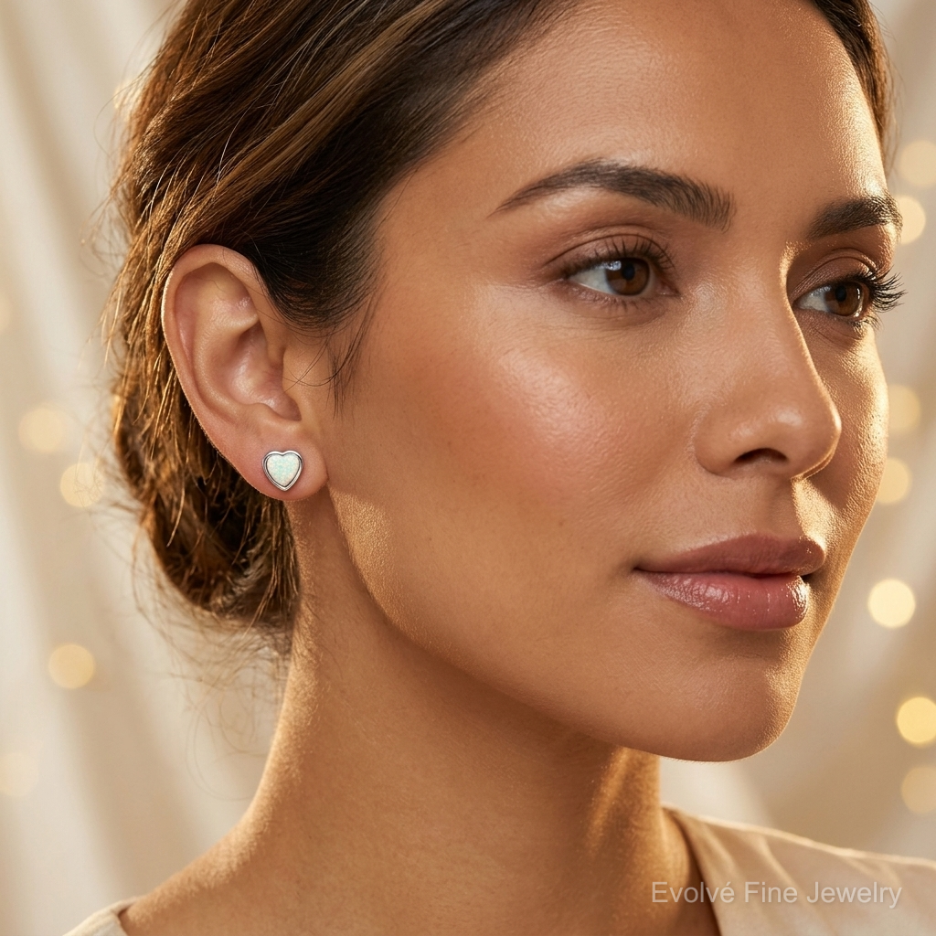 Sterling Silver Rhodium Plated Lab Created Opal Post Earrings - Model Shot