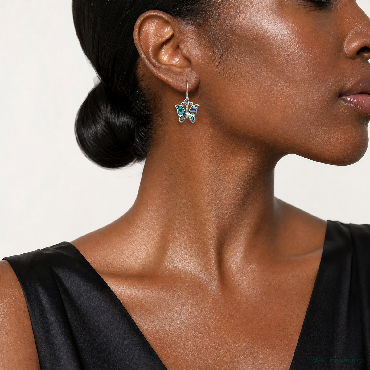 Sterling Silver Rhodium-plated Abalone Butterfly Dangle Earrings - Model Shot