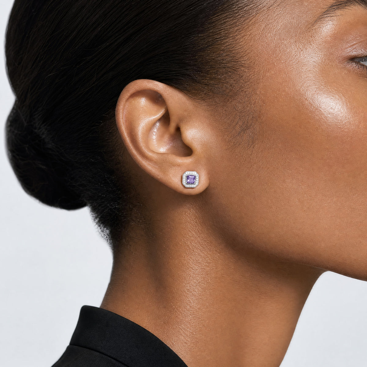 Sterling Silver Rhodium Plated Purple and Clear CZ Post Earrings - Model Shot