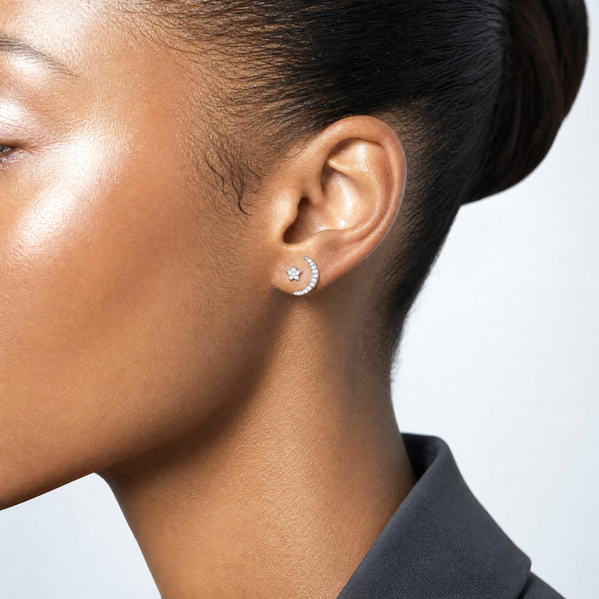 Sterling Silver Polished CZ Moon and Star Post Earrings - Model Shot