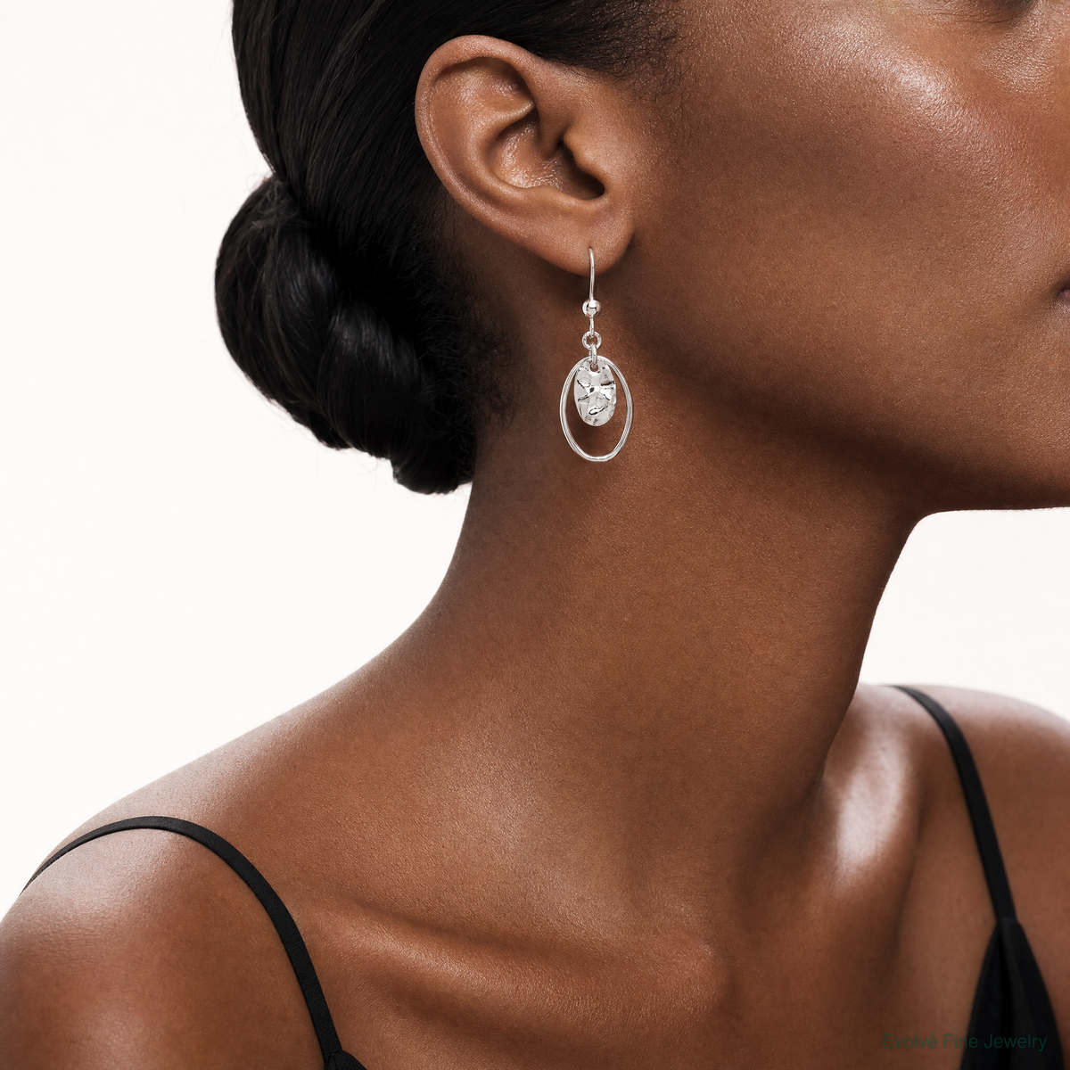 Sterling Silver Polished & Hammered Oval Dangle Earrings - Model Shot