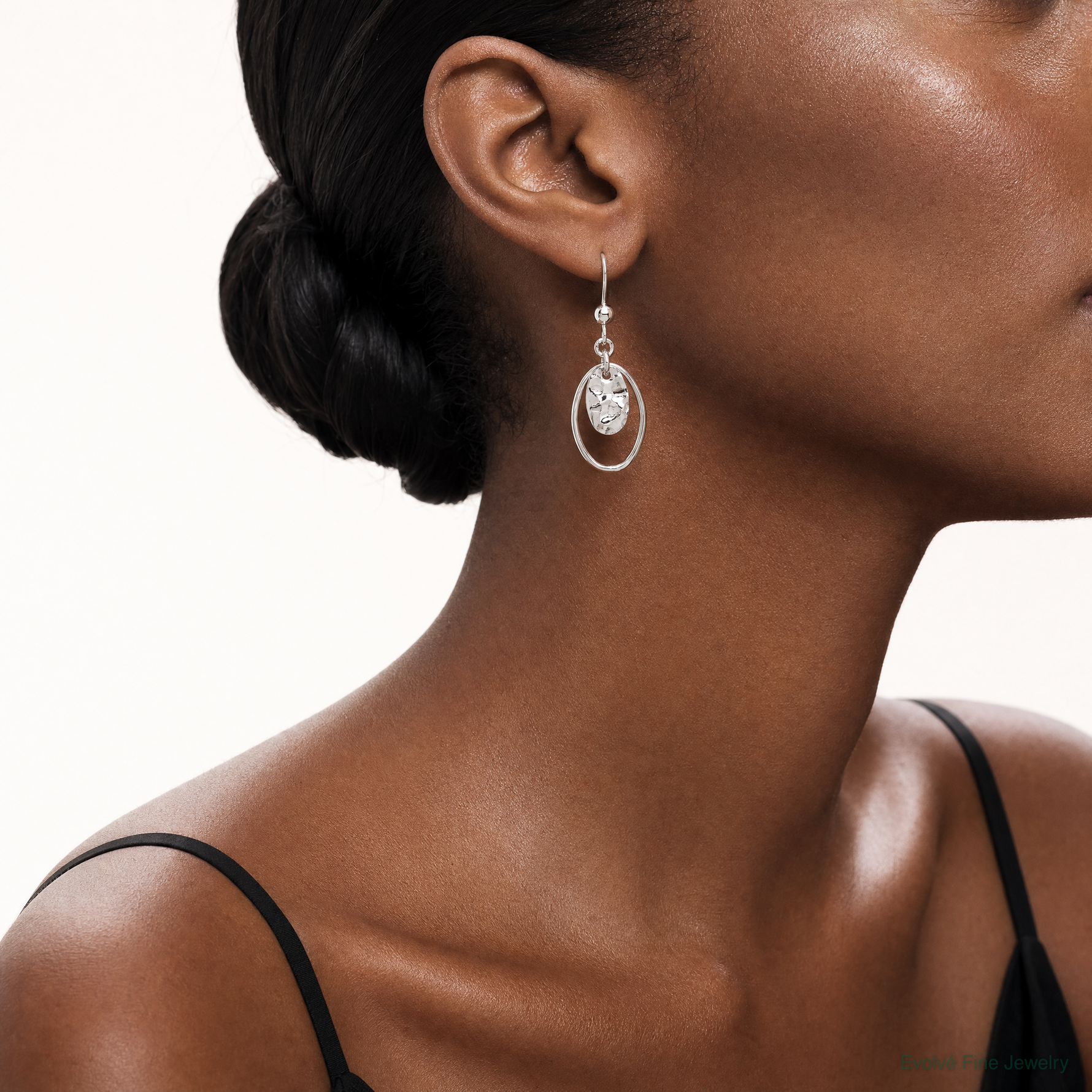 Sterling Silver Polished & Hammered Oval Dangle Earrings - Model Shot