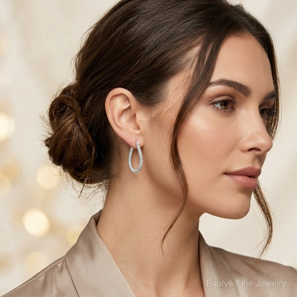 Sterling Silver Twisted 2.5mm Teardrop Hoop Earrings - Model Shot