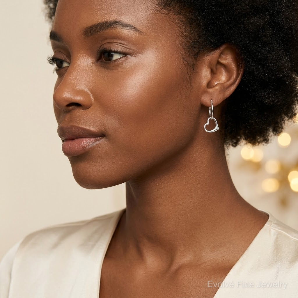 Sterling Silver Rhodium-plated Heart Hoop Earring - Model Shot