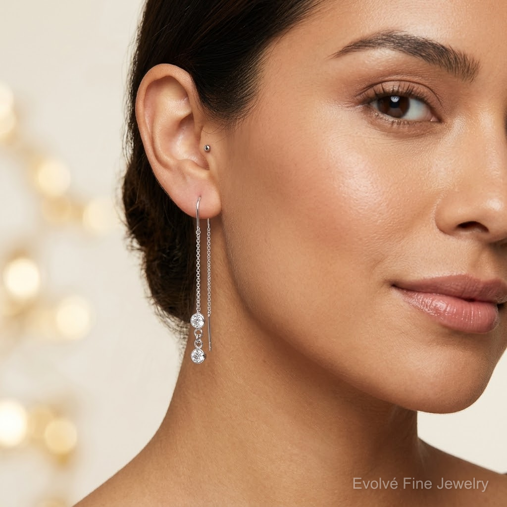 Sterling Silver Rhodium-plated CZ Threader Earrings - Model Shot