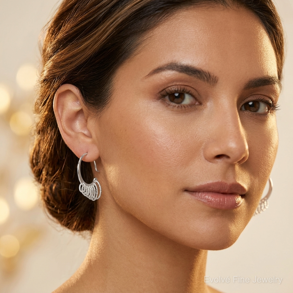 Sterling Silver Polished & Diamond-cut Circles Dangle Hoop Earrings - Model Shot