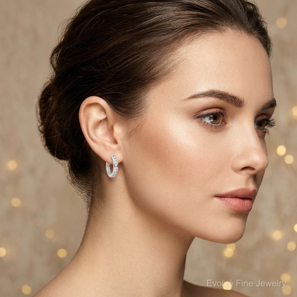 Sterling Silver Rhodium-plated CZ 3x16mm Hinged Hoop Earrings - Model Shot