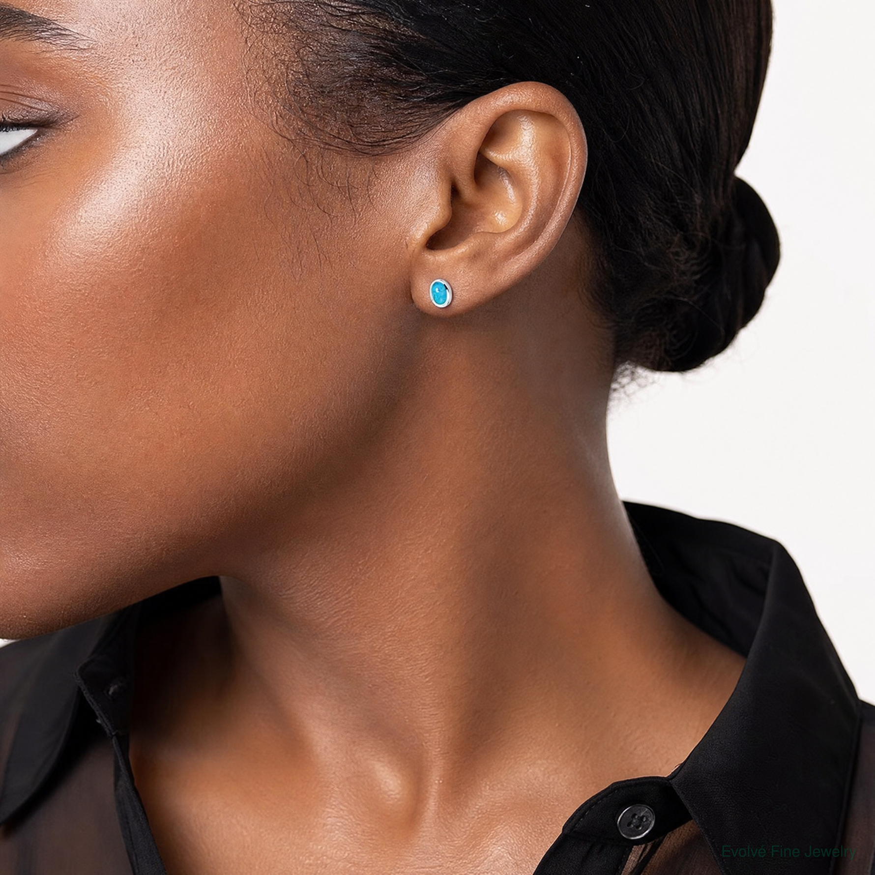 Sterling Silver RH-plated Polished Blue Created Opal Oval Stud Earrings - Model Shot