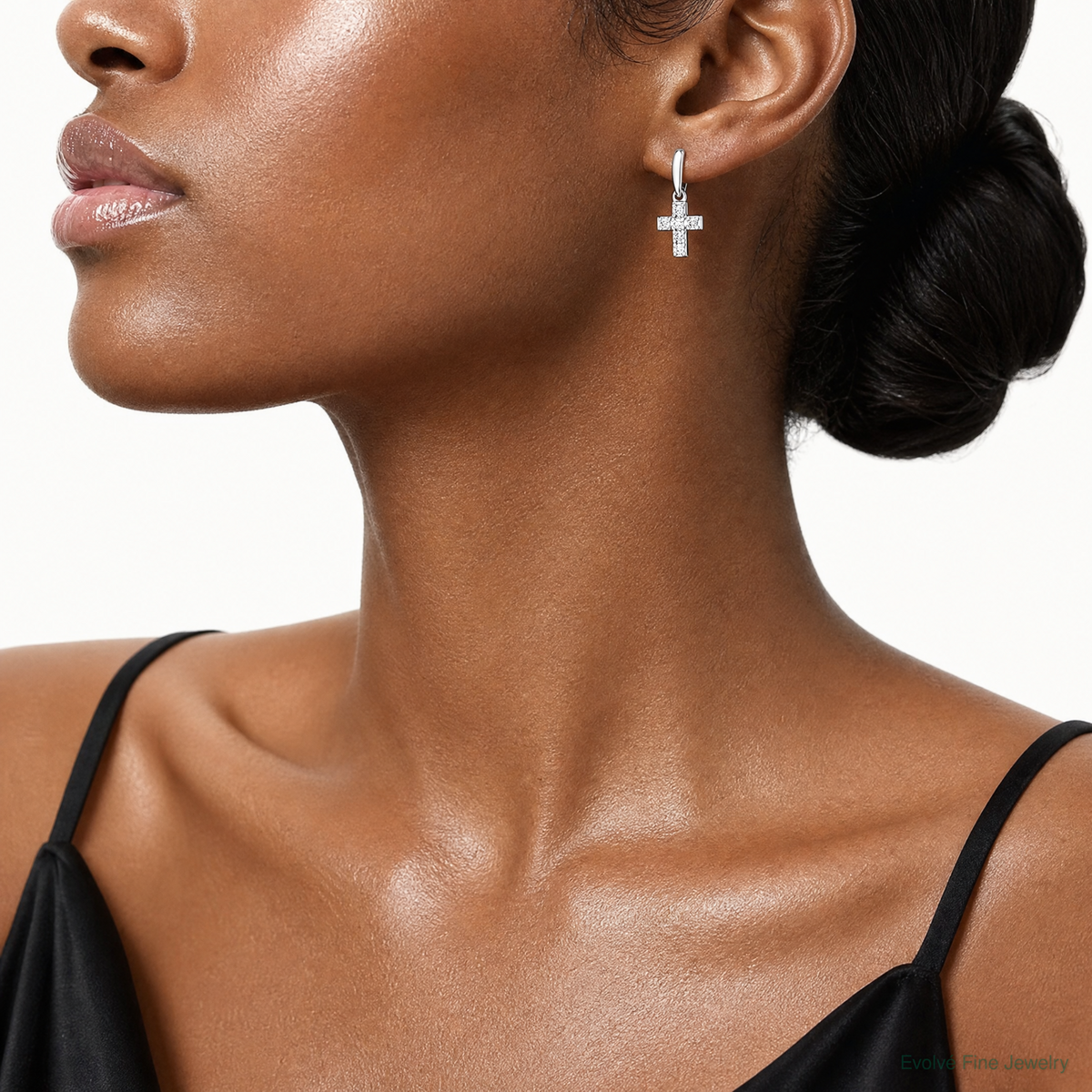 Sterling Silver Rhodium-plated Polished CZ Cross Post Dangle Earrings - Model Shot