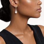 Sterling Silver Rhodium-plated CZ and Imitation Shell Pearl Dangle Earrings - Model Shot