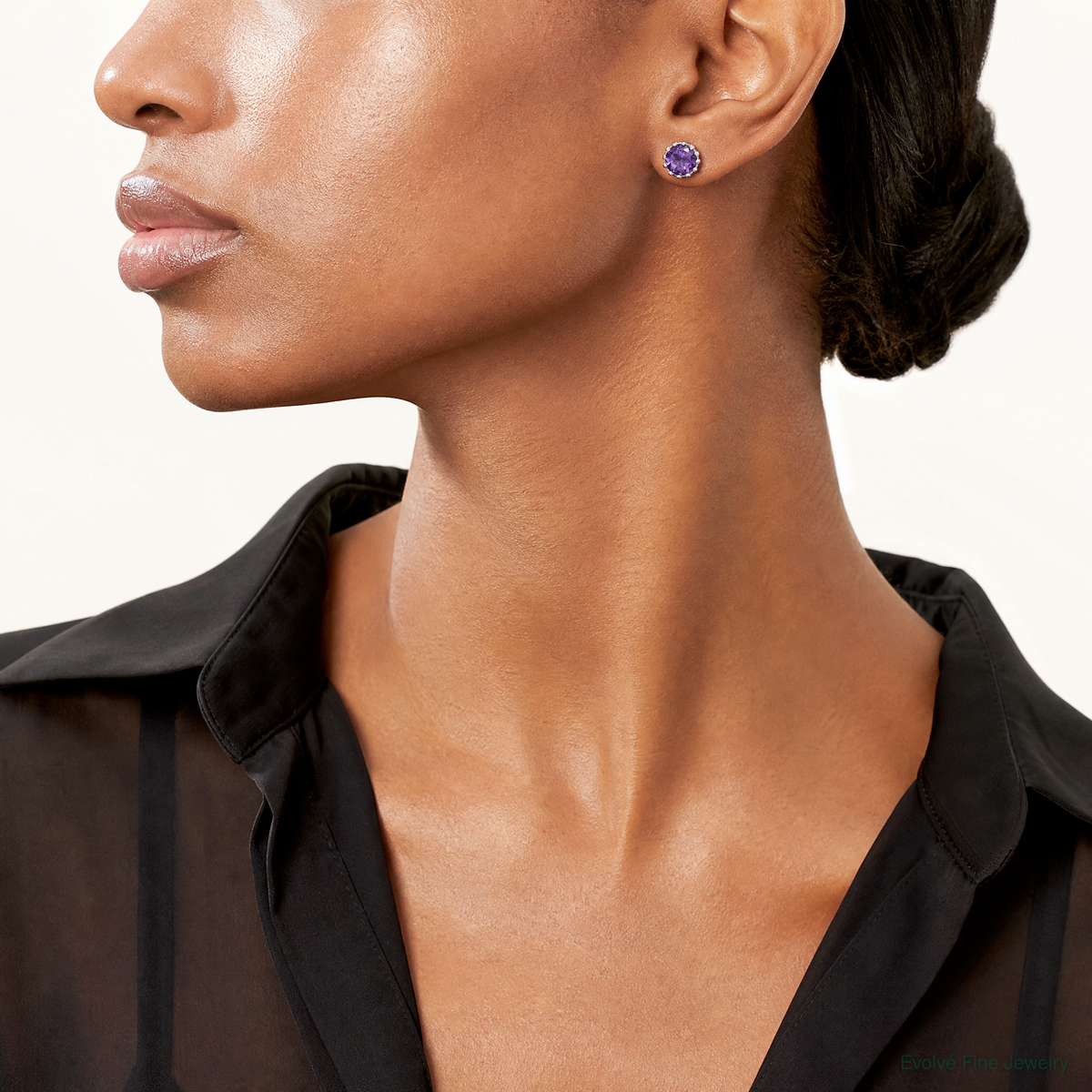 Sterling Silver Rhodium-plated 6mm Polished Amethyst Post Earrings - Model Shot