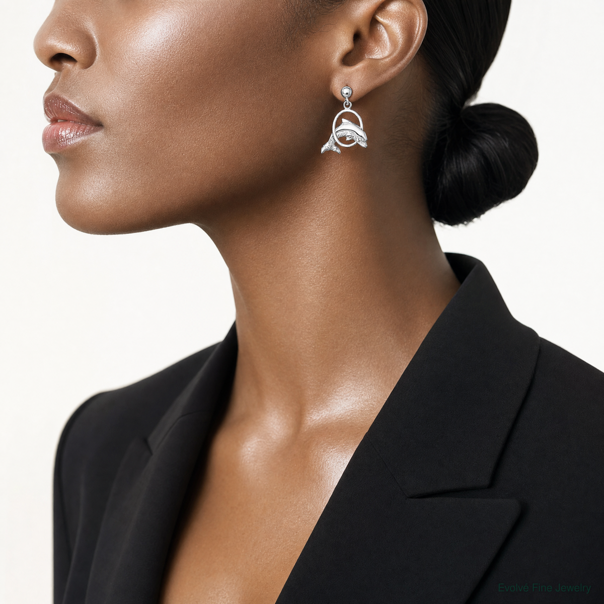 Sterling Silver Rhodium-plated Dolphin in Hoop Dangle Post Earrings - Model Shot