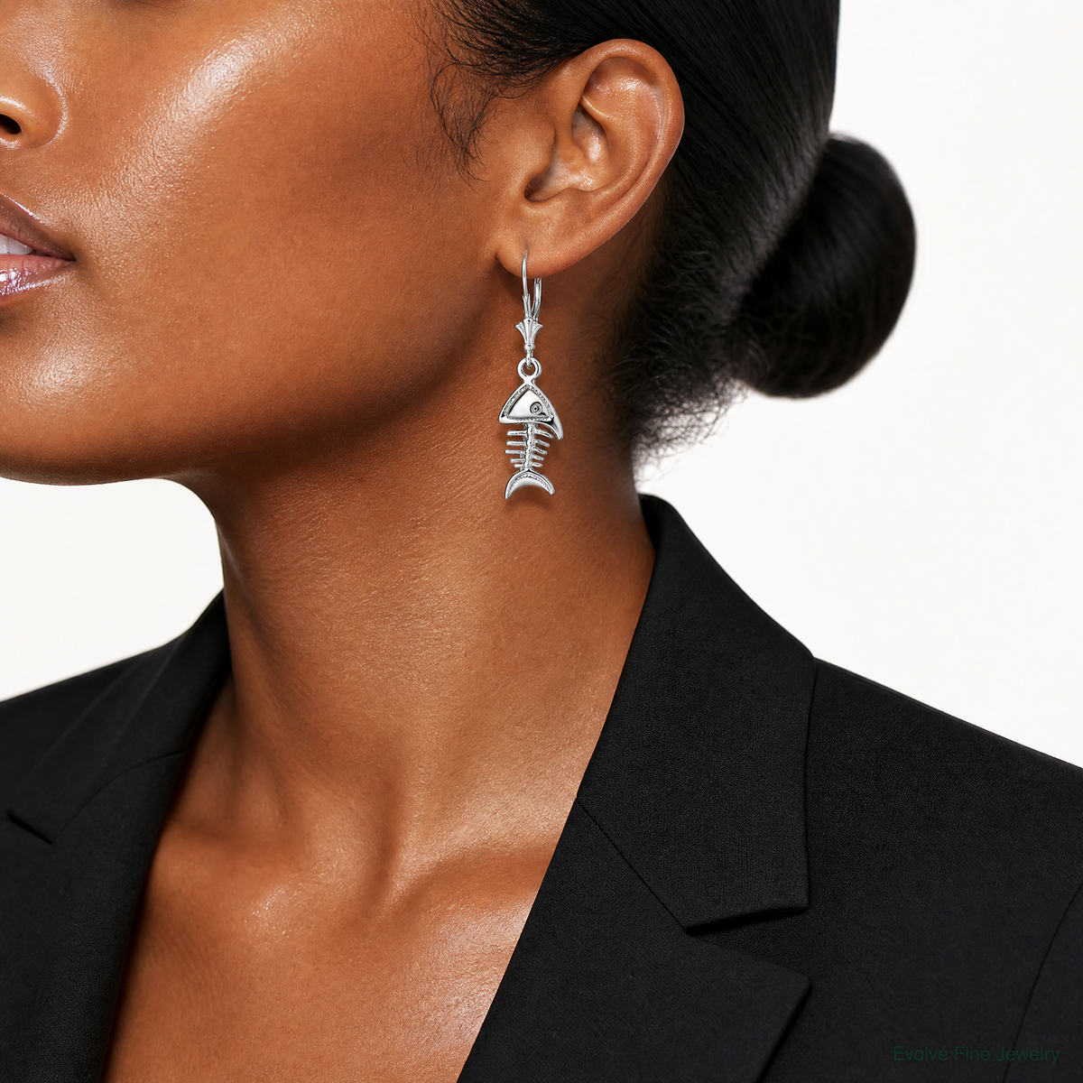 Sterling Silver Rhodium-plated Polished 3D Fishbone Leverback Earrings - Model Shot