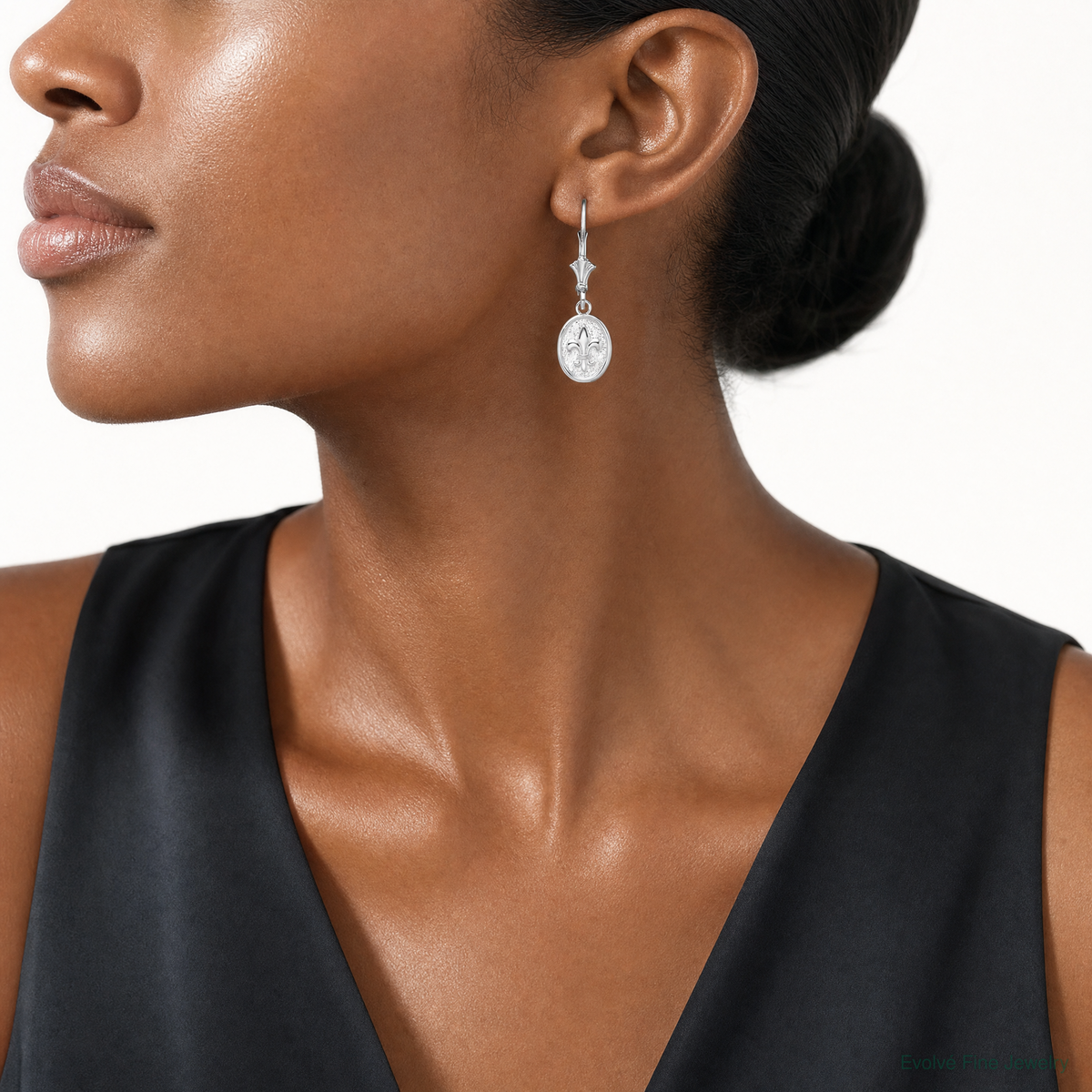 Sterling Silver RH-plated Textured Fleur de Lis Leverback Dangle Earrings - Model Shot