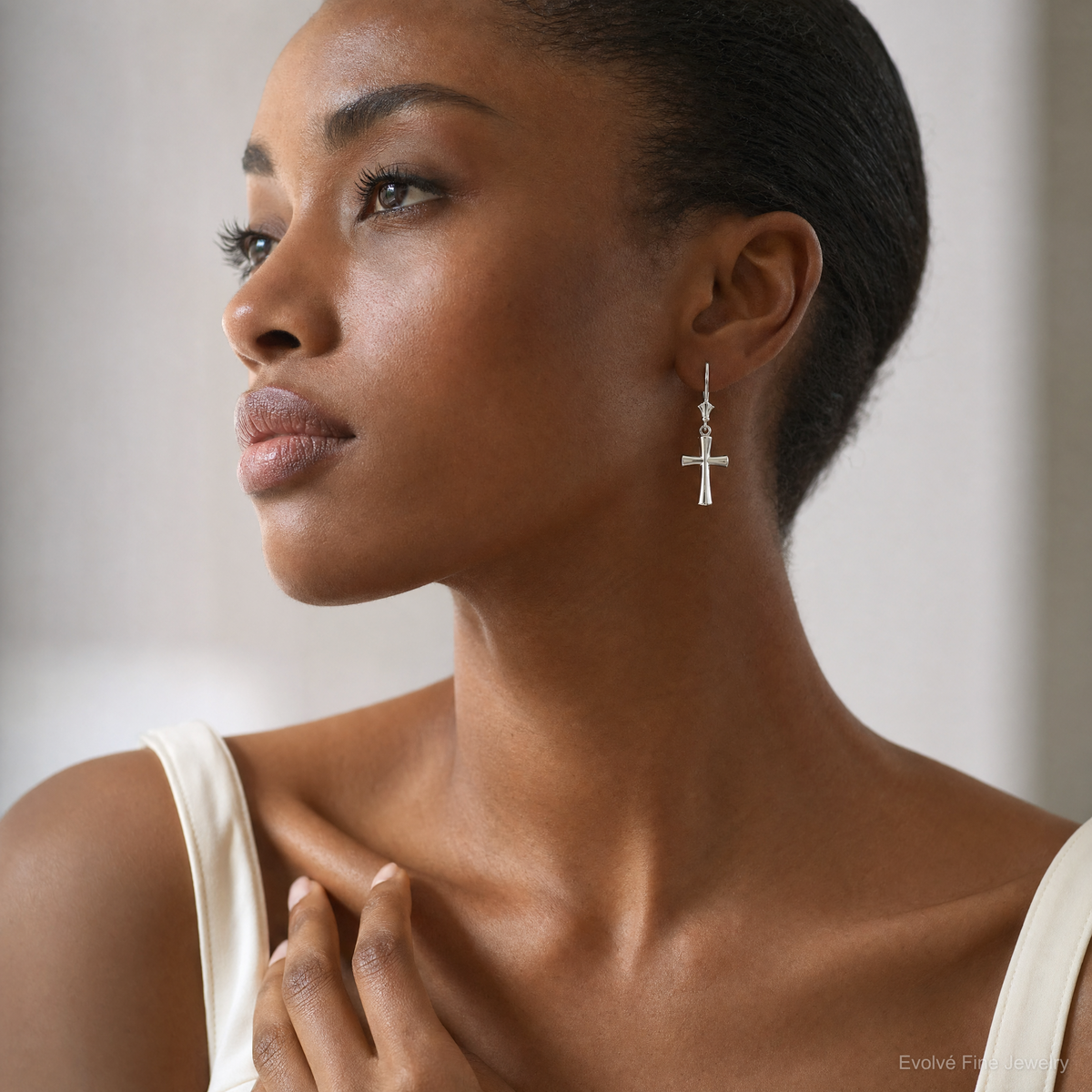 Sterling Silver Rhod-plated Polished Beveled Latin Cross Leverback Earrings - Model Shot