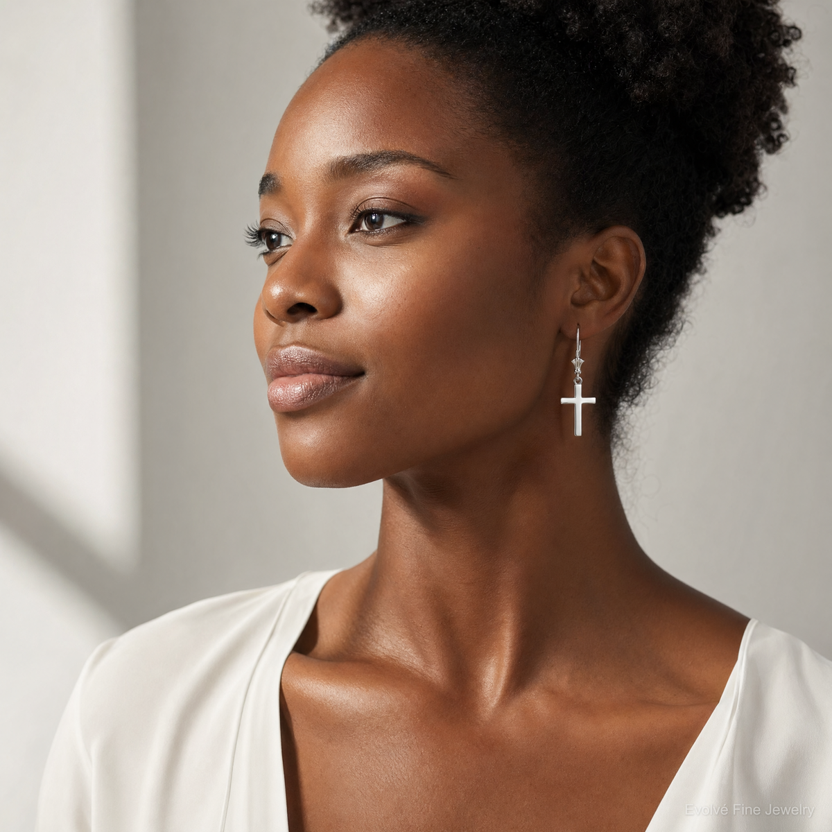 Sterling Silver Rhodium-plated Polished Latin Cross Leverback Earrings - Model Shot