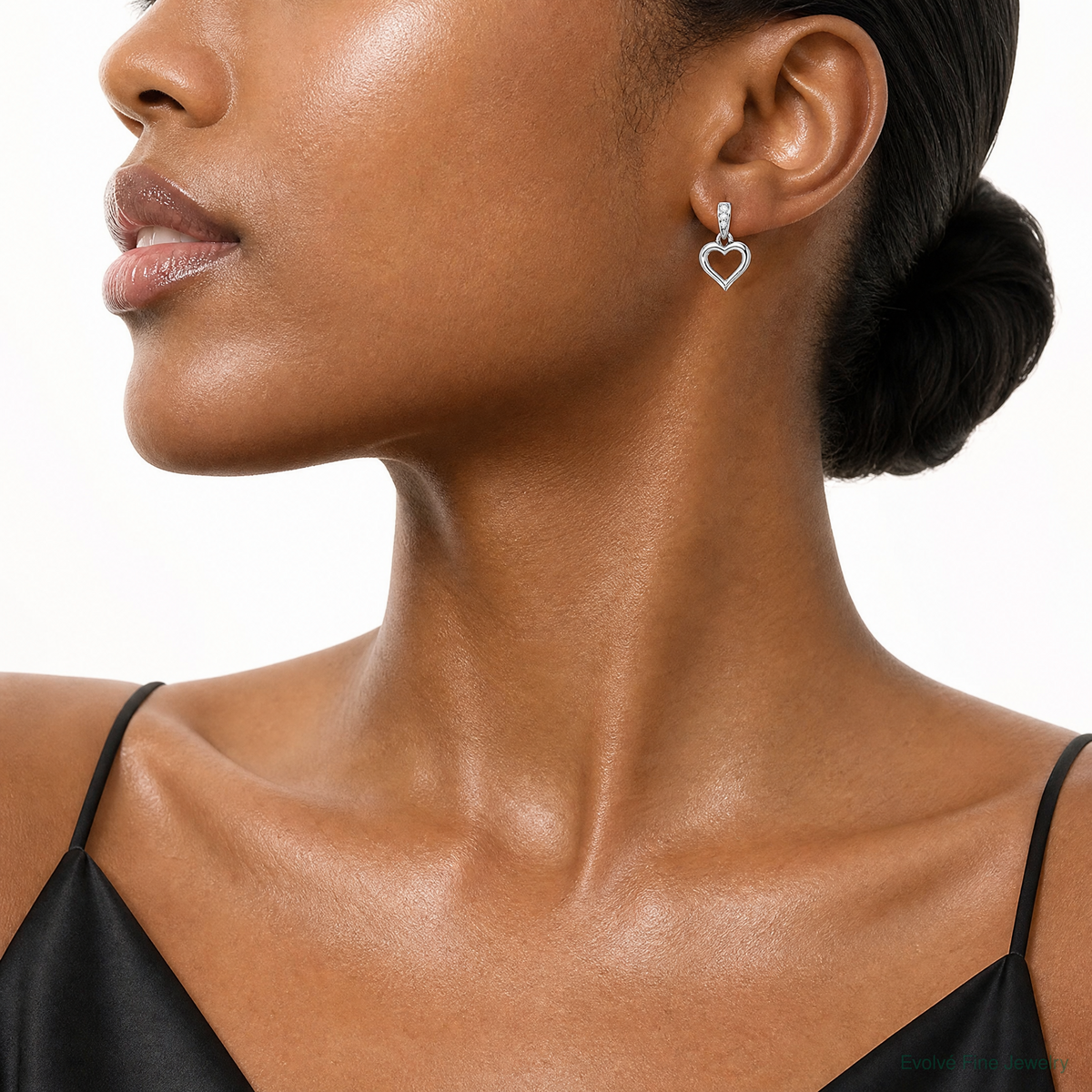 Sterling Silver RH Polished CZ Heart Post Dangle Earrings - Model Shot