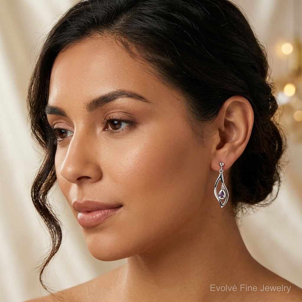 Sterling Silver Rh-plated Amethyst Dangle Post Earrings - Model Shot