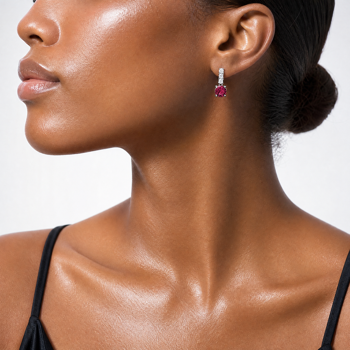 Sterling Silver Rhodium-plated Created Ruby and CZ Post Dangle Earrings - Model Shot