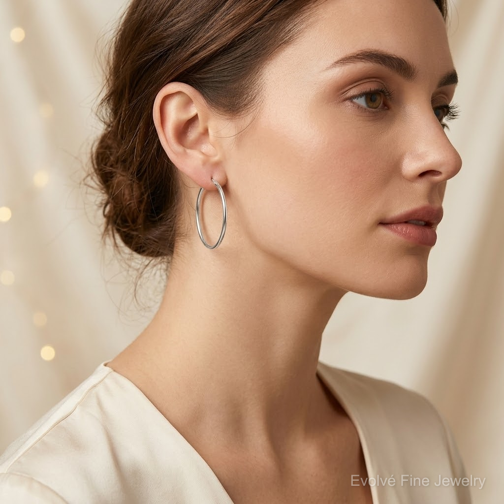 Sterling Silver Polished Endless Hoop Earrings - Model Shot