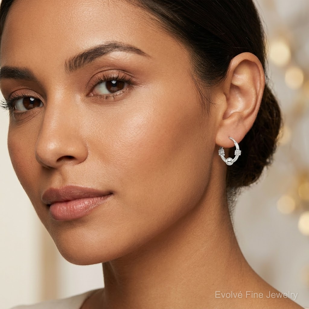 Sterling Silver Polished Beaded Circle Endless Hoop Earrings - Model Shot