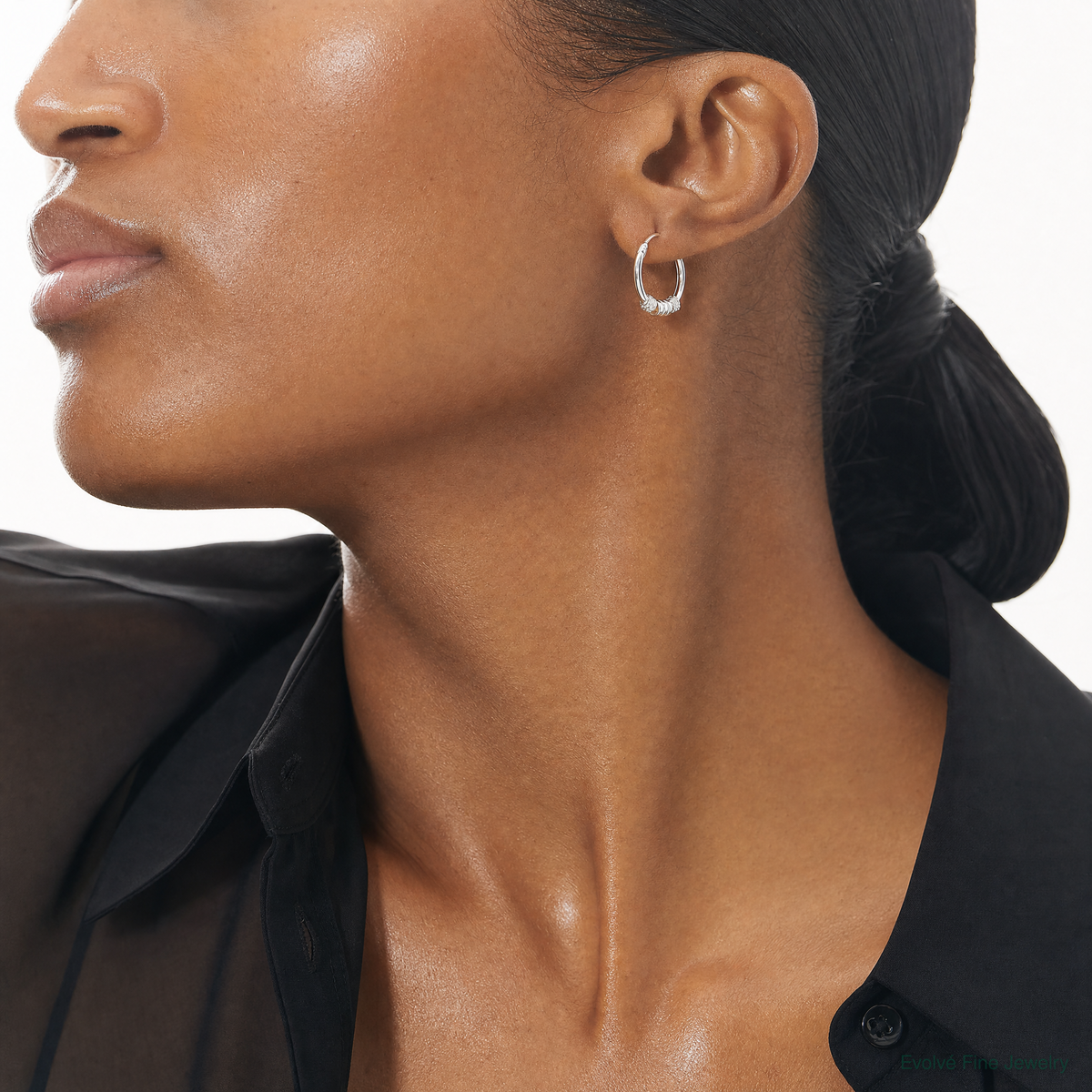 Sterling Silver Polished Beaded Circle Endless Hoop Earrings - Model Shot