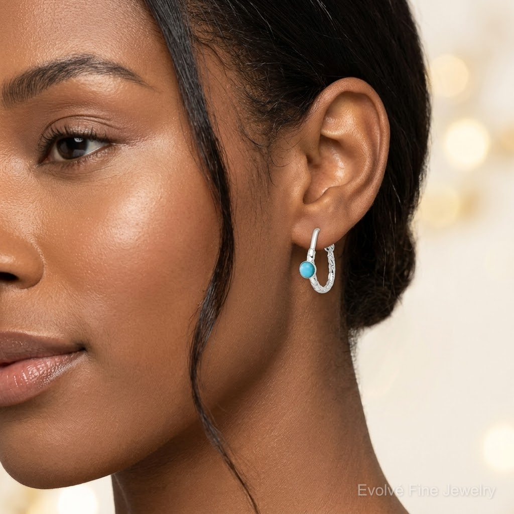 Sterling Silver Polished Turquoise Endless Hoop Earrings - Model Shot