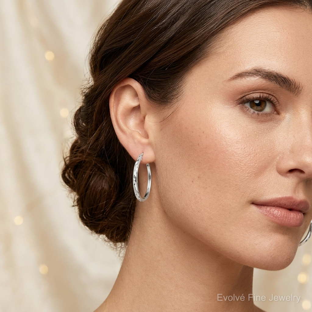 Sterling Silver Polished and Diamond-cut Circle Hoop Earrings - Model Shot