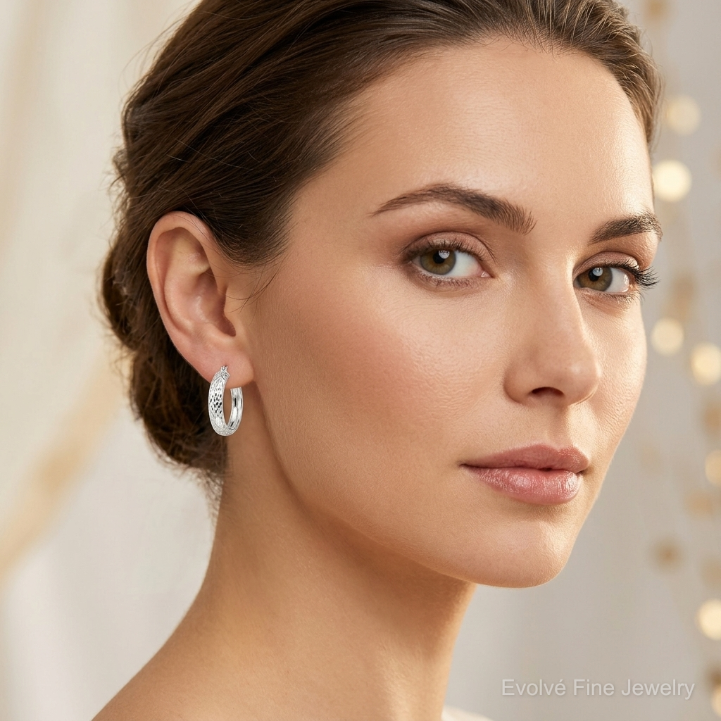 Sterling Silver Diamond-cut 6x25mm Hoop Earrings - Model Shot