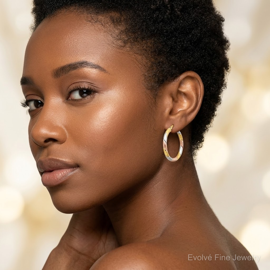 Sterling Silver Gold and Rose-tone Diamond-cut Circle Hoop Earrings - Model Shot