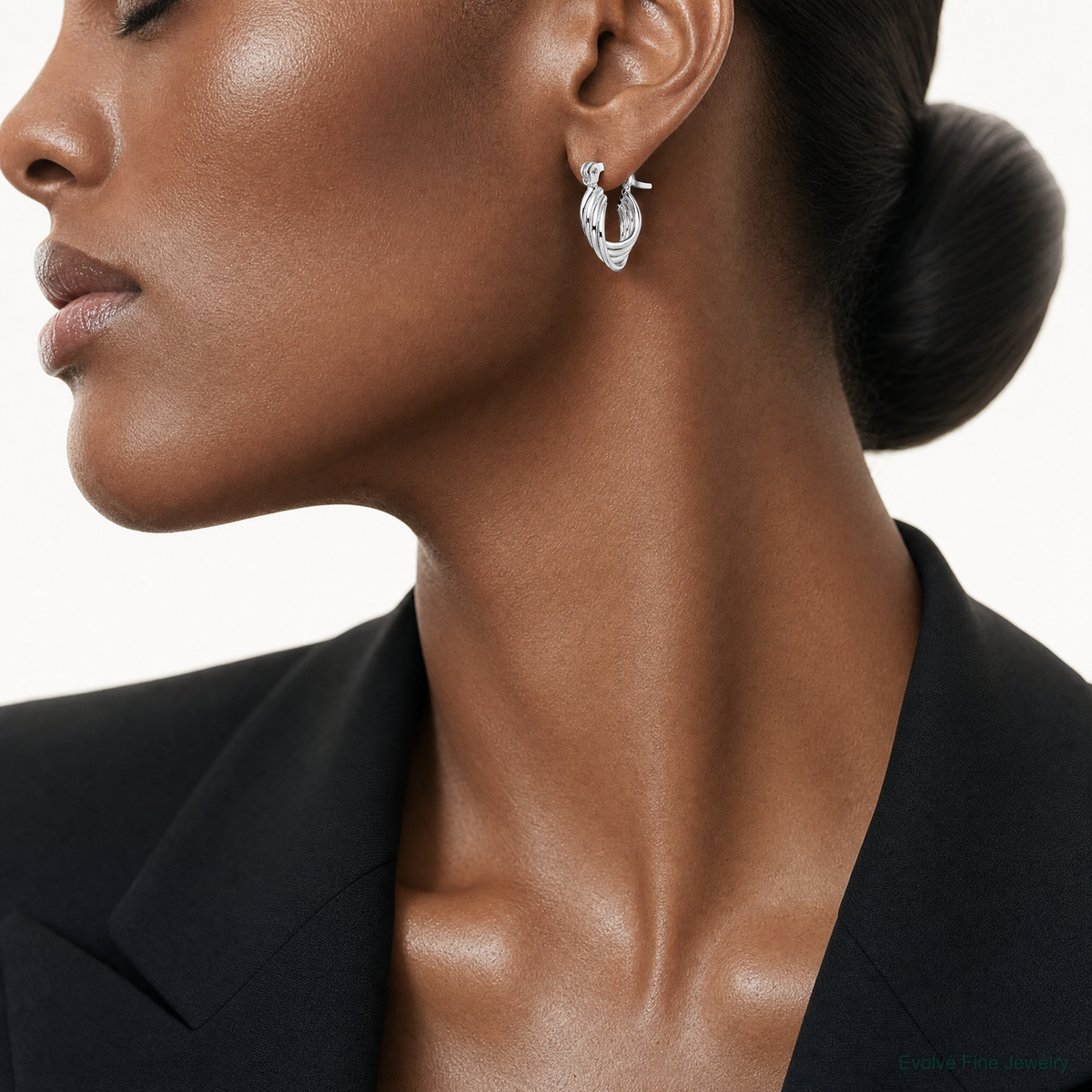 Sterling Silver Polished Triple Circle Hoop Earrings - Model Shot