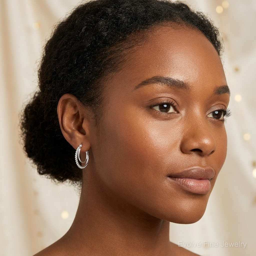 Sterling Silver Beaded Double Circle Hoop Earrings - Model Shot